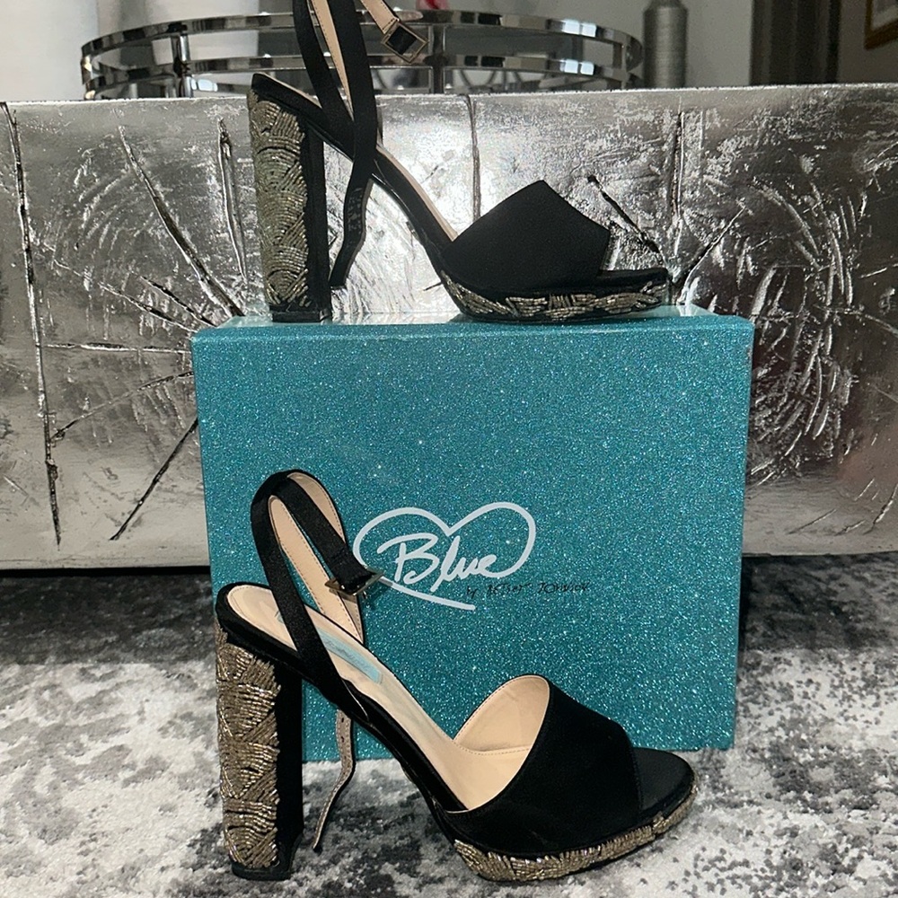 Blue by Betsey Johnson Carin gold beaded black satin block heels